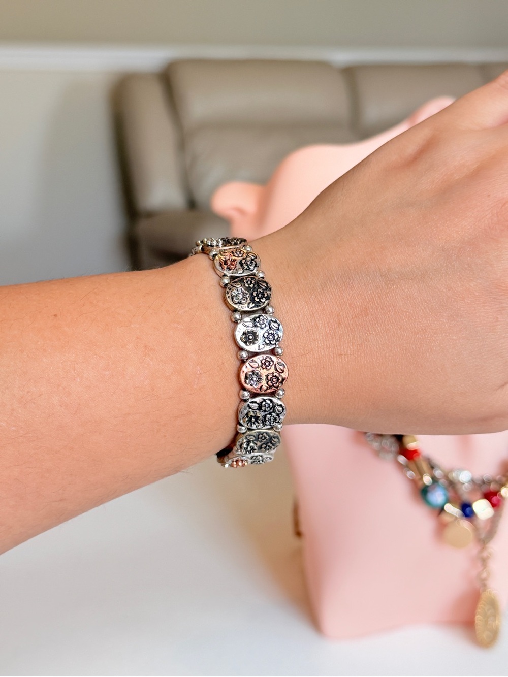 Floral Link Bracelet in Silver and Rose Gold